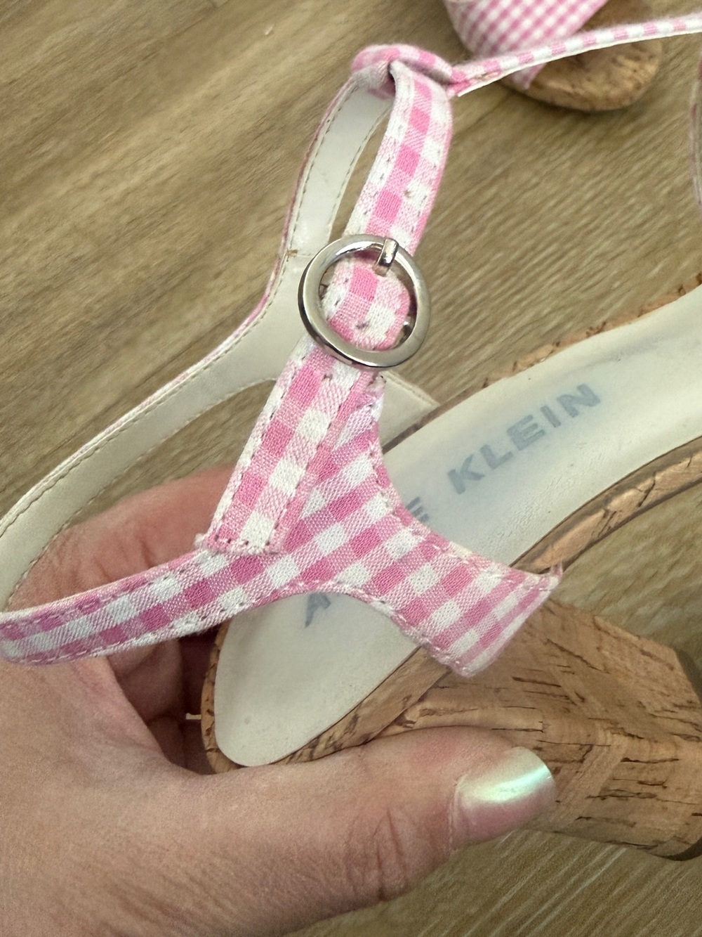 Anne Klein Pink Gingham Cork Block Heel Sandals - Picture 7 of 8